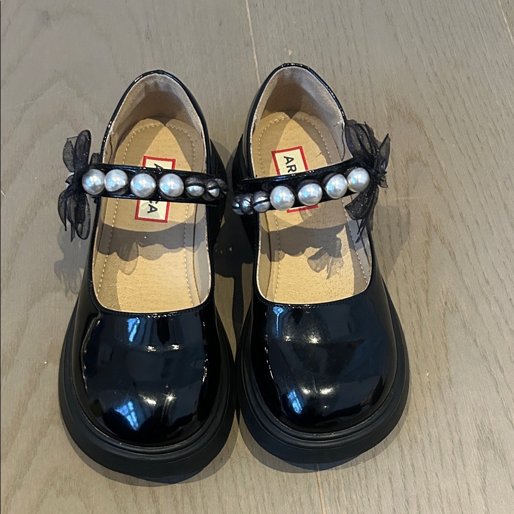 Aria Glossy Black Kids Dress Shoes with Pearl Details